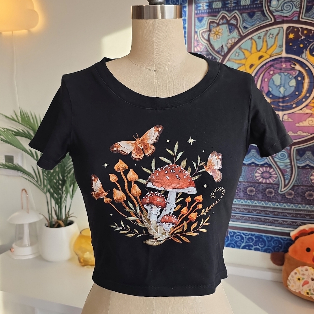 Dolls Kill Horoscopez Mystical Mushroom Graphic Print Cropped Baby Tee Moths